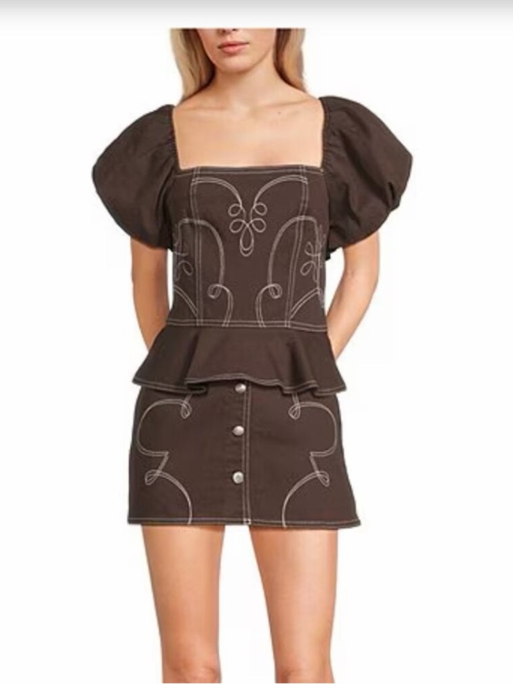 Gianni Bini Brown Puff-Sleeve Peplum top and mini skirt set with white stitching
